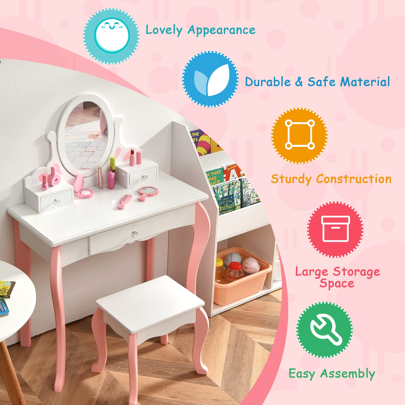 Costzon Kids Vanity Set with Mirror, 2 in 1 Princess Makeup Dressing Table w/ Detachable Top