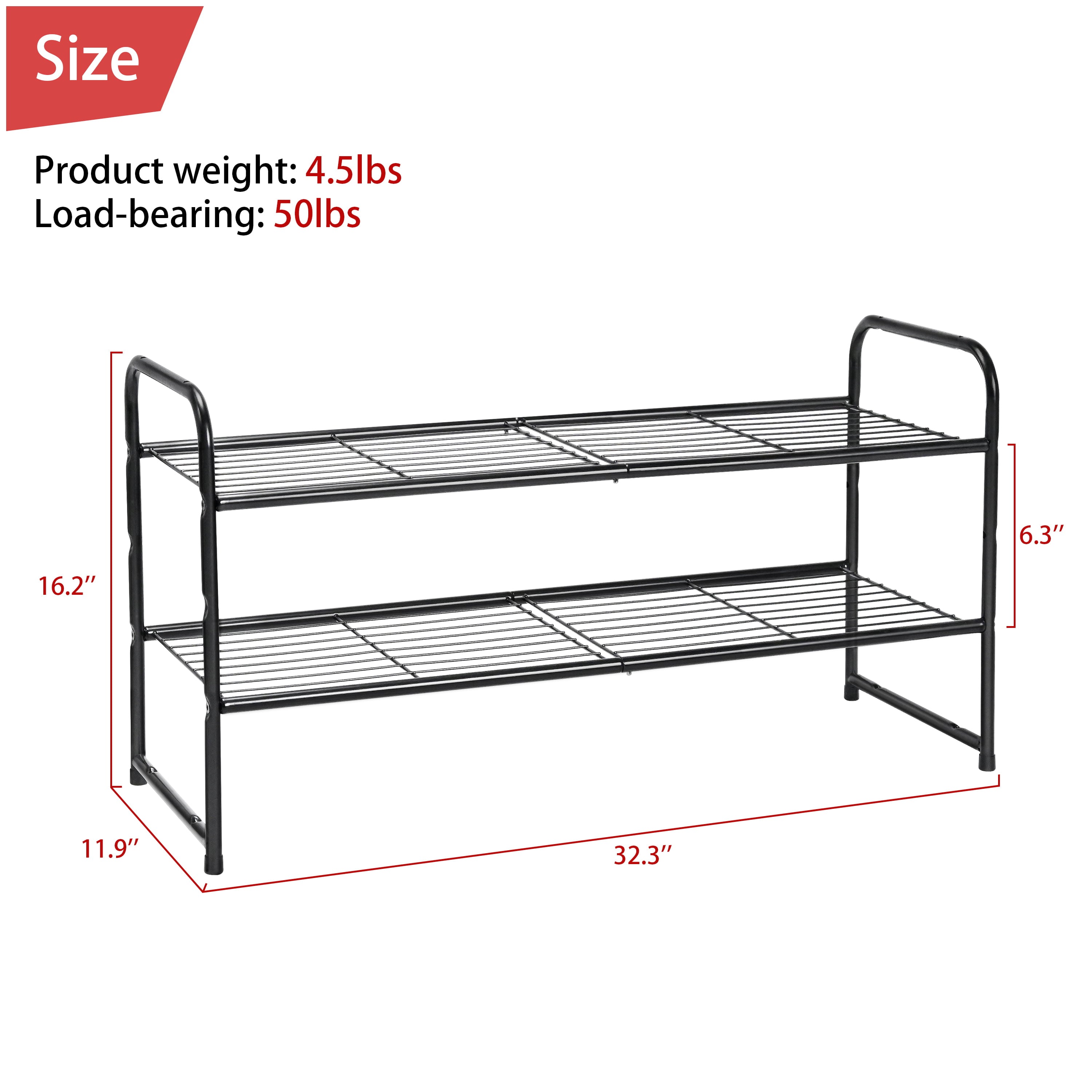 2-Tier Shoe Rack 12 Pair Shoe Shelf Storage Organizer Stackable and Adjustable， Black