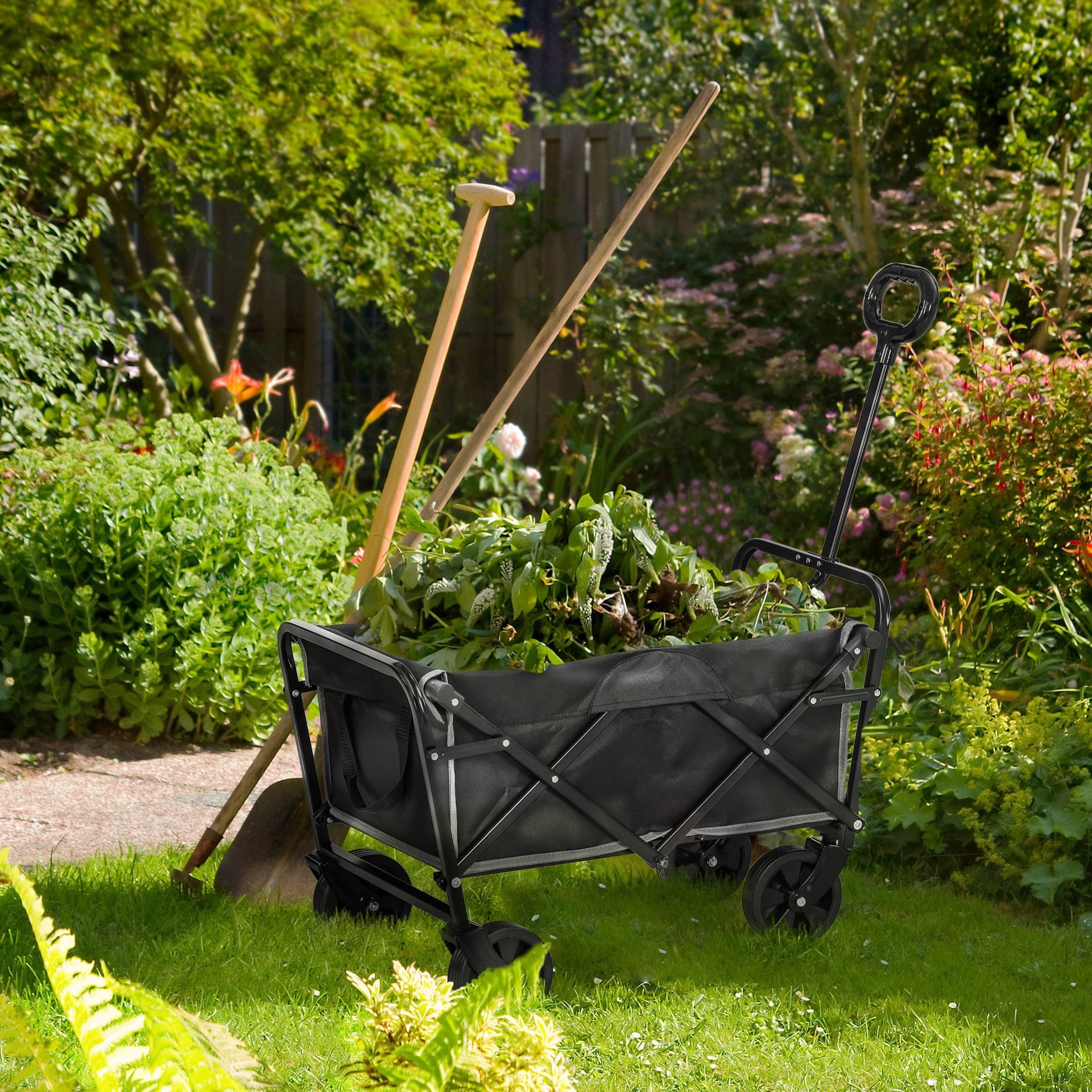 Outsunny Collapsible Folding Wagon Cart, Garden Wagon Portable Cart Black