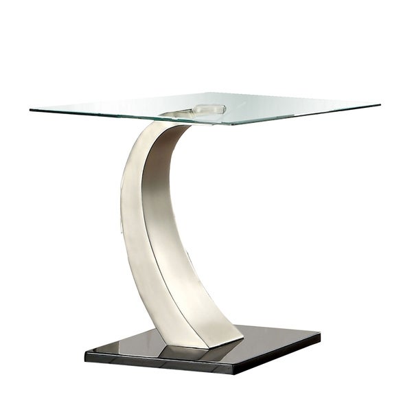 Glass Top End Table with Curved Pedestal Base， Black and Gray