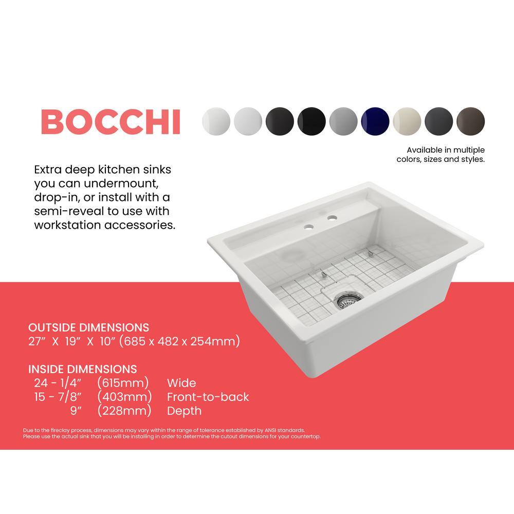 BOCCHI Baveno Uno White Fireclay 27 in. Single Bowl UndermountDrop-In 2-hole Kitchen Sink wIntegrated WS and Acc. 1633-001-0132