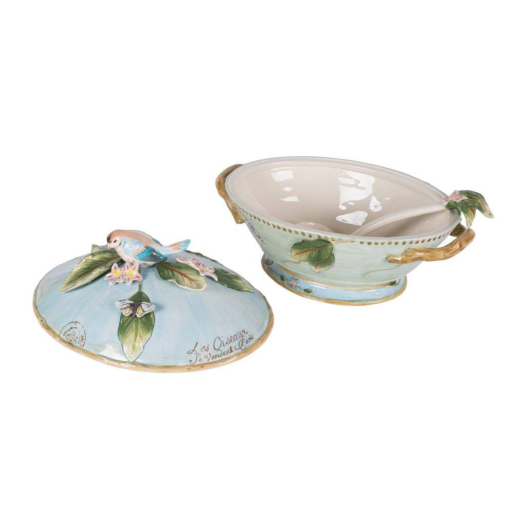 FITZ and FLOYD Toulouse 14.5 in. 112 fl.oz Blue Earthenware Soup Serving Bowl 2-Piece 5277841