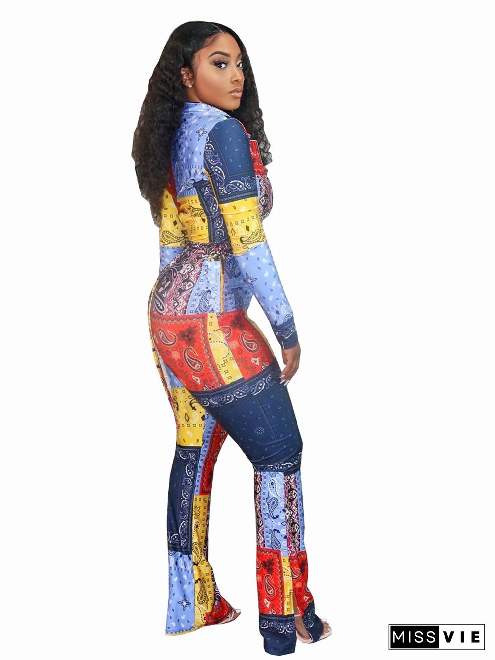 Paisley Printed Casual Long Sleeve Bodycon Jumpsuits