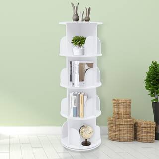 YIYIBYUS 15.7 in. White Rotating Bookshelf 360 Display Floor Standing Nordic 4-Shelf Bookcase HG-WMT-3219