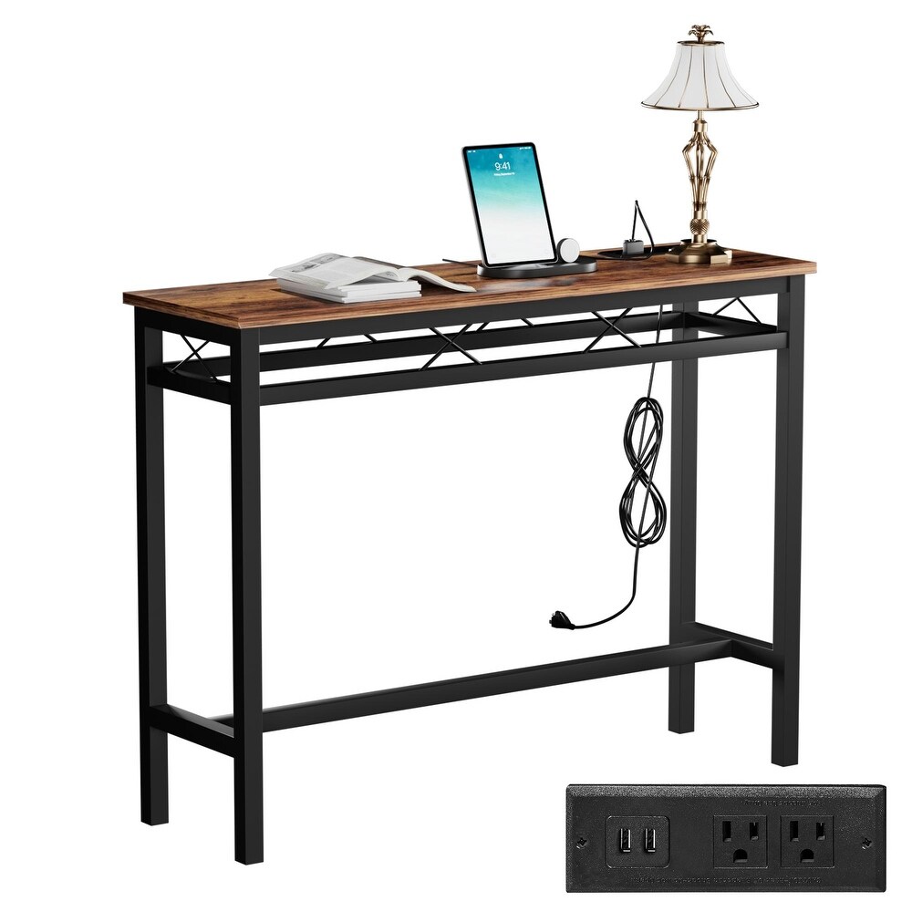 Javlergo Console Table with with Charging Station   USB Ports  Rustic Brown