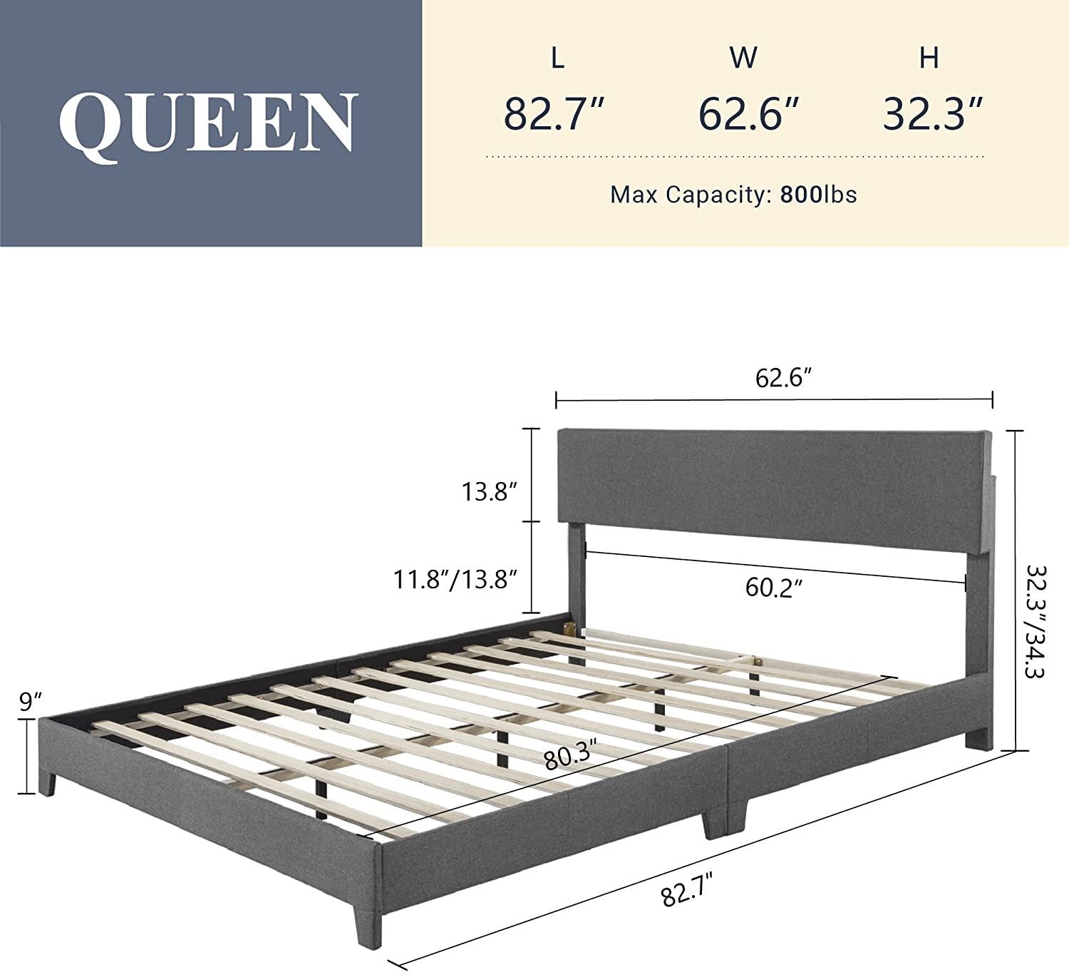 Allewie Queen Platform Bed Frame with Upholstered Adjustable Fabric Headboard, Dark Grey