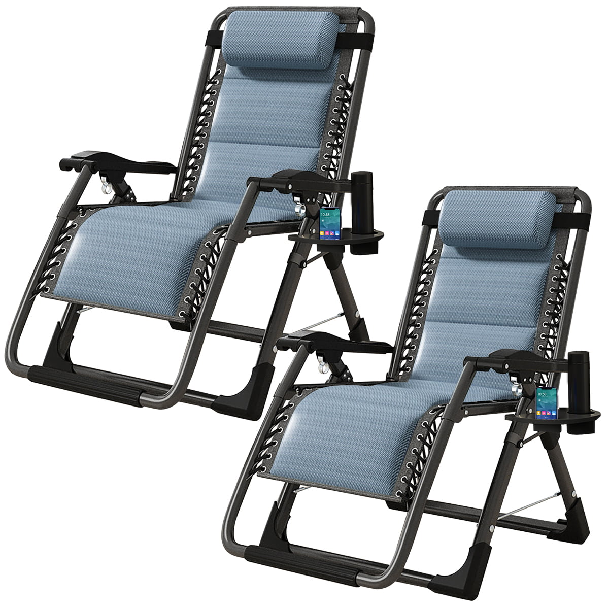 Zero Gravity Chair 2 Pack, Padded Lounge Chair with Removable Headrest & Cup Holder for Indoor and Outdoor, Folding Reclining Chair Set of 2 for Adults