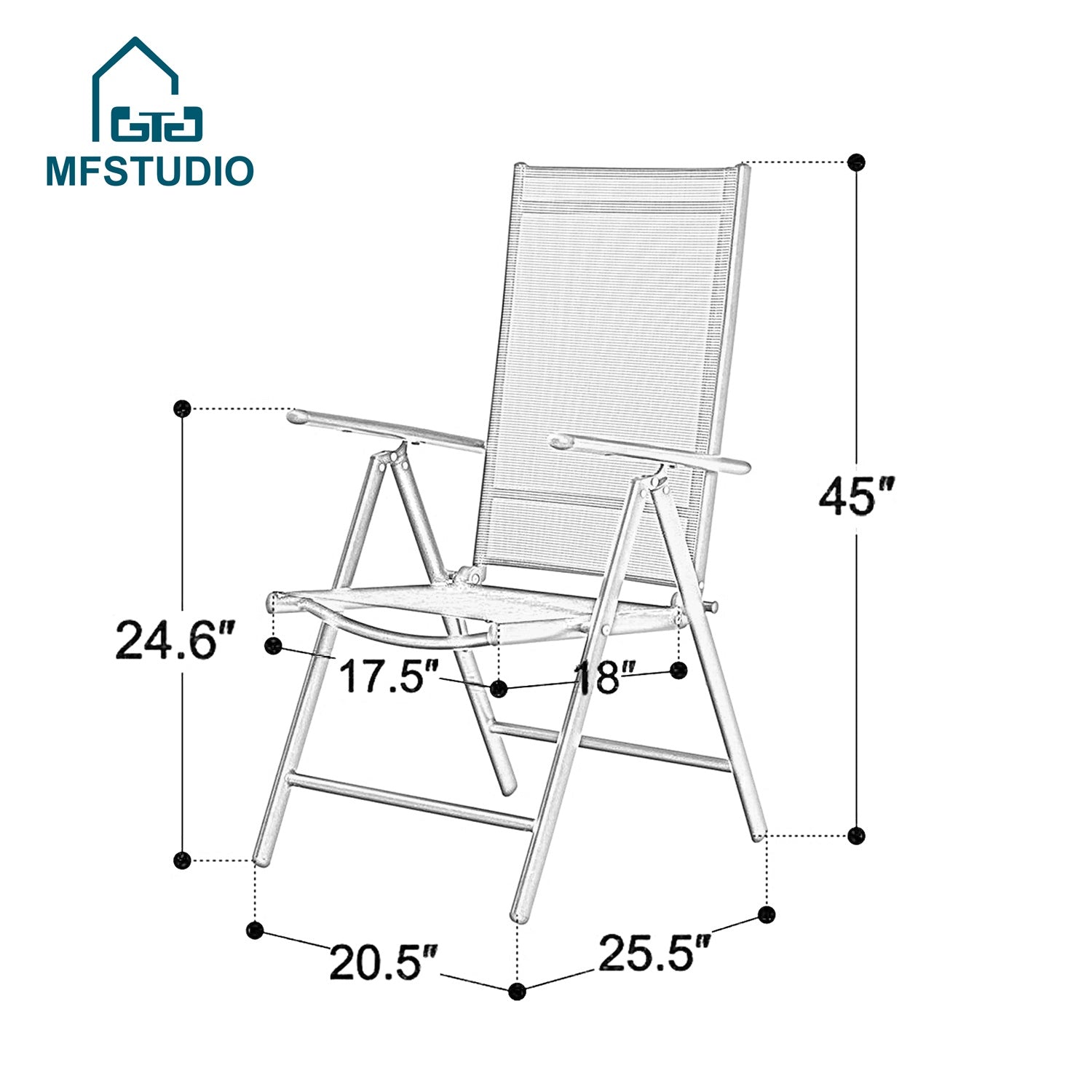 MF Studio Set of 2 Outdoor Patio Dining Chairs Aluminum Folding Recliner with 7 Backrest Angles&Textilene Seat, Black