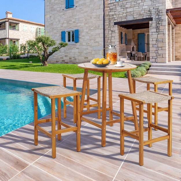 Costway 2pcs 4pcs Patio Pe Wicker Bar Stools With Acacia Wood Frame Bar Height Chairs Poolside