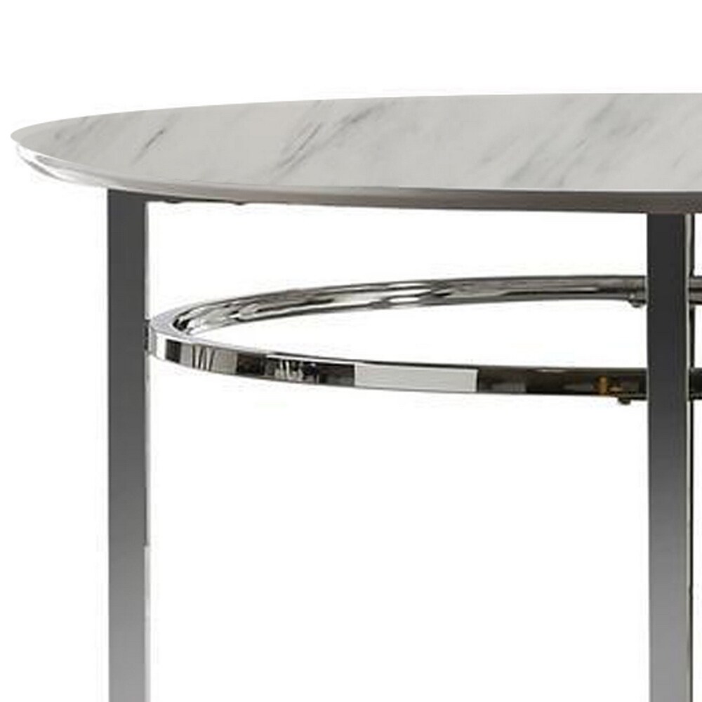 Contemporary Round Dining Table with Faux Marble Top  White and Chrome   39 L x 39 W x 30.25 H