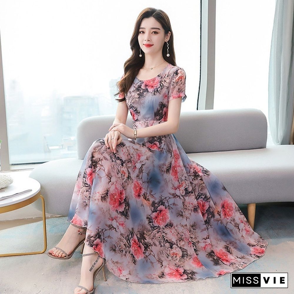 Ice Silk Long Skirt Summer Temperament Flower Long Skirt Retro Elegant Dress