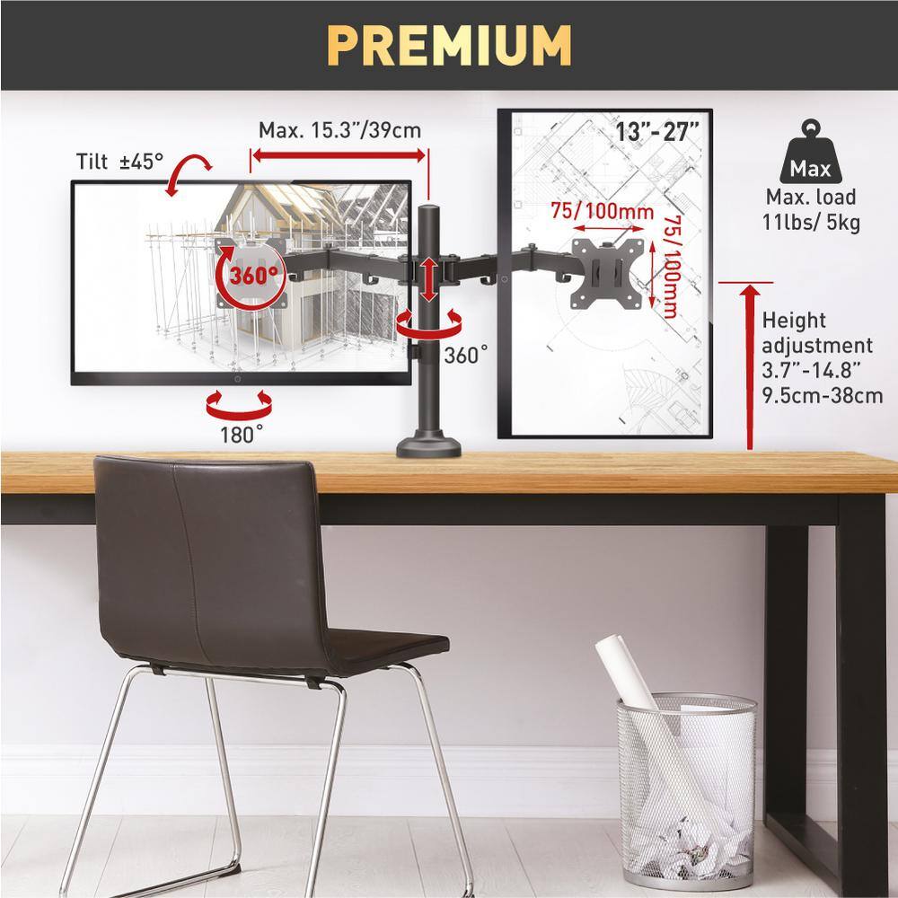 Barkan a Better Point of View Barkan 13 - 27 in. Full Motion - 5 Movement Dual FlatCurved Monitor Desk Mount Black Ergonomic 360-Degree Rotation M142T