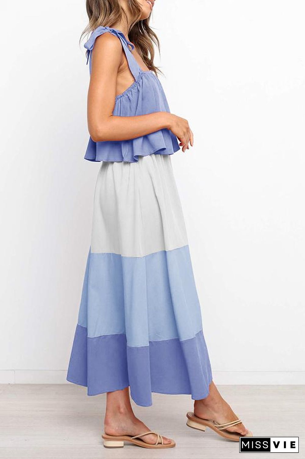 Lace-up Ruffled Colorblock Maxi Dress P13032