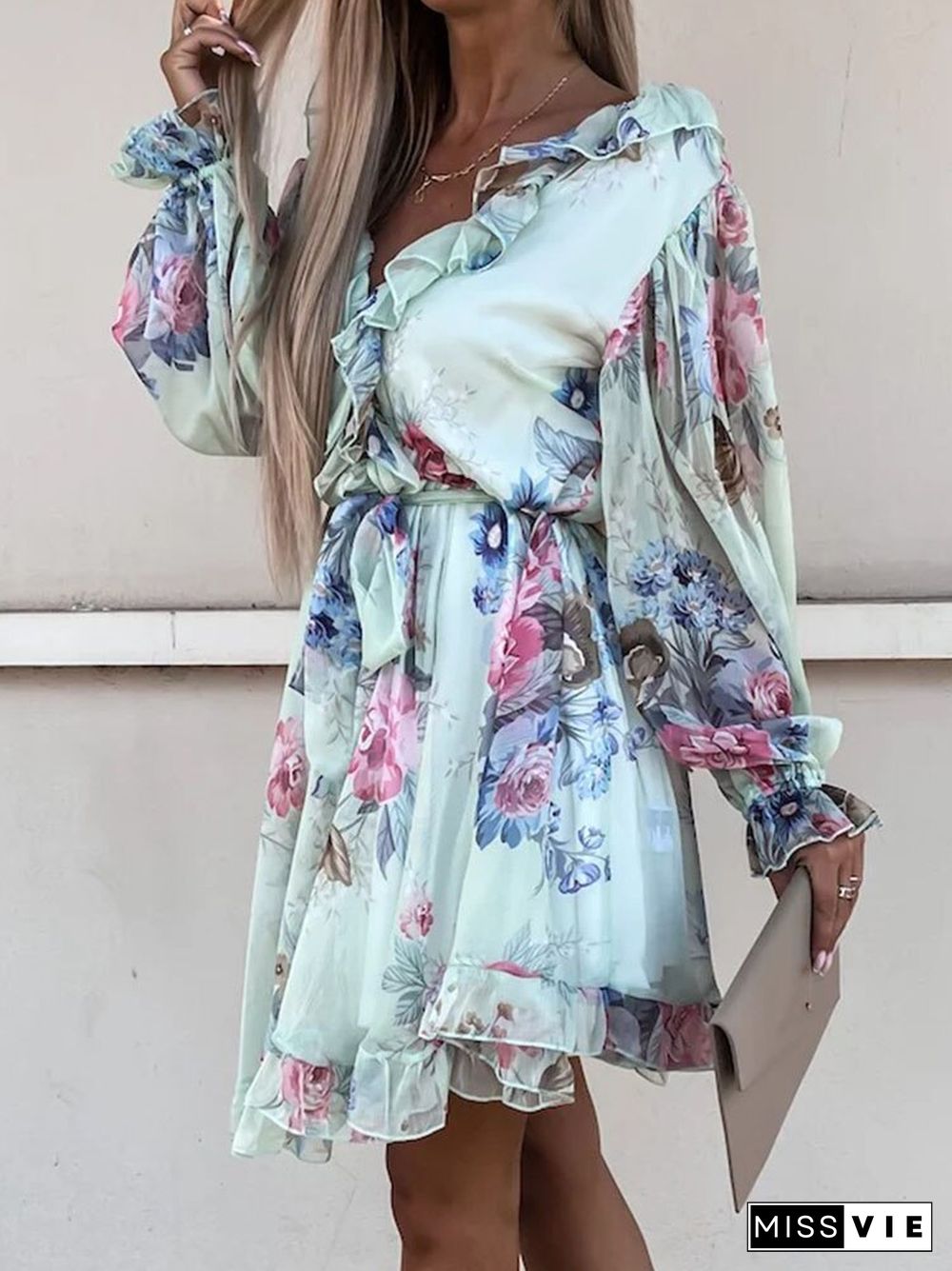 Sexy Backless Double V Neck Ruffle Party Dress Fashion Boho Floral Print Chiffon Beach Dress Elegant Women Tie Pleat Mini Dress