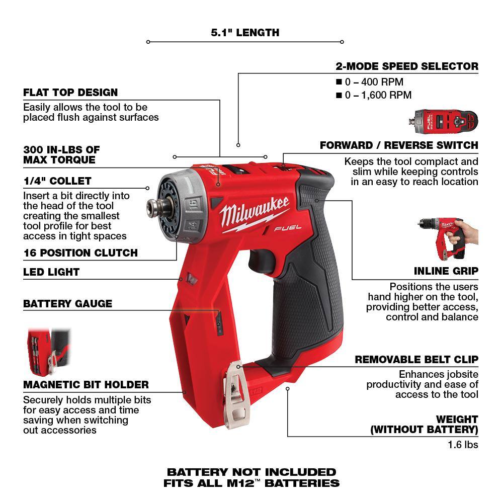 MW M12 FUEL 12V Lithium-Ion Brushless Cordless 4-in-1 Installation 38 in. Drill Driver with 4 Tool Head (Tool-Only) 2505-20