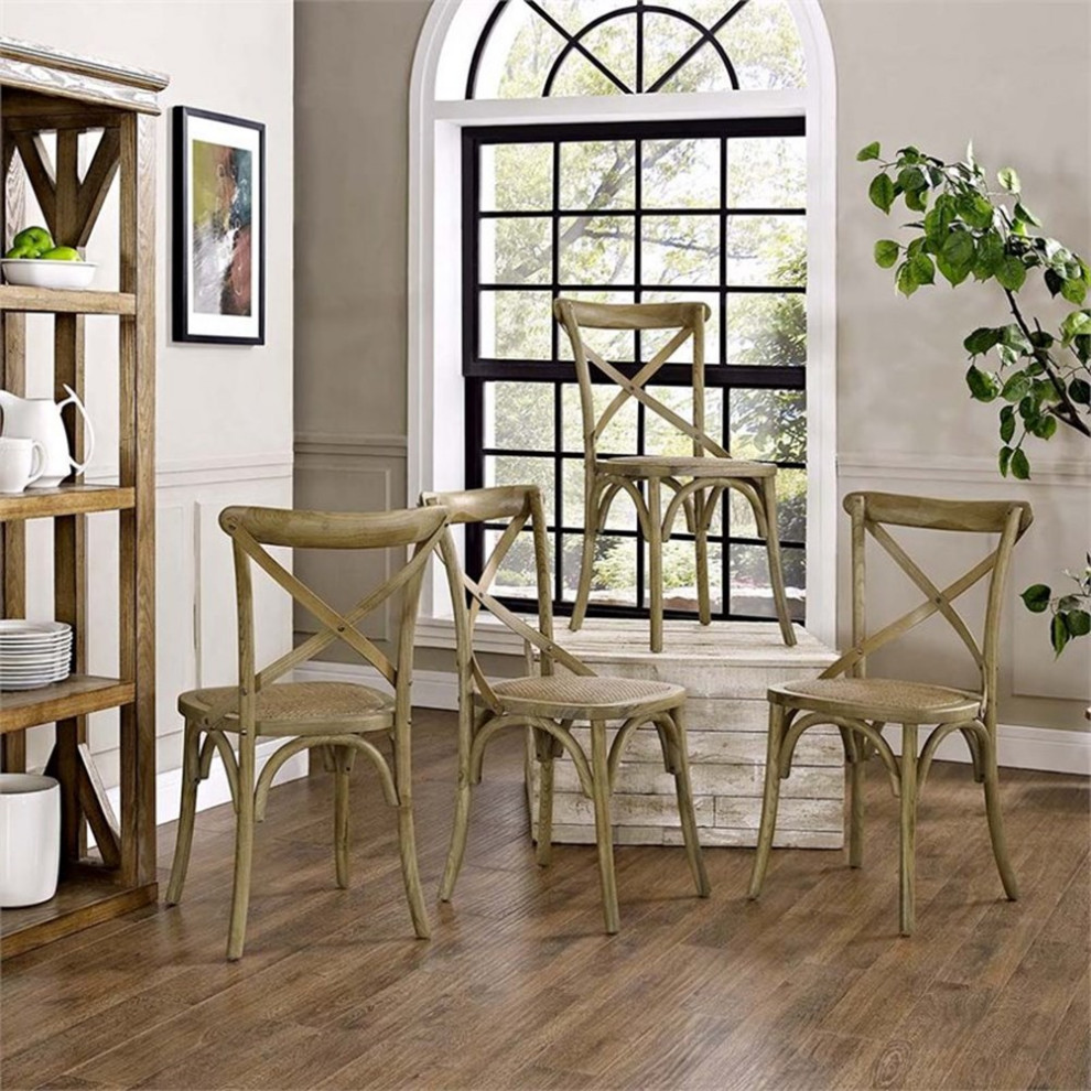 Modway Gear 18.5 quotElm Wood and Rattan Dining Side Chair in Natural (Set of 4)   Tropical   Dining Chairs   by Homesquare  Houzz