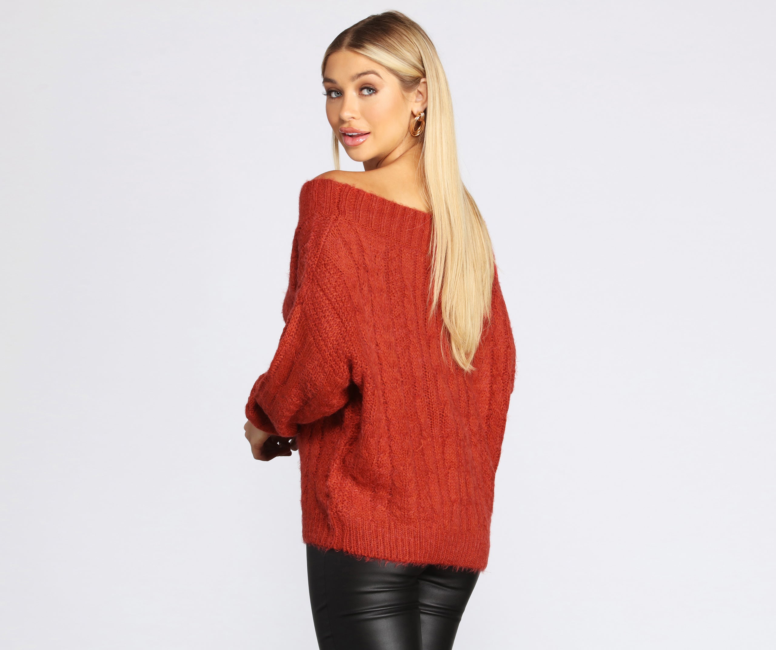 Wide Neck Cable Knit Sweater