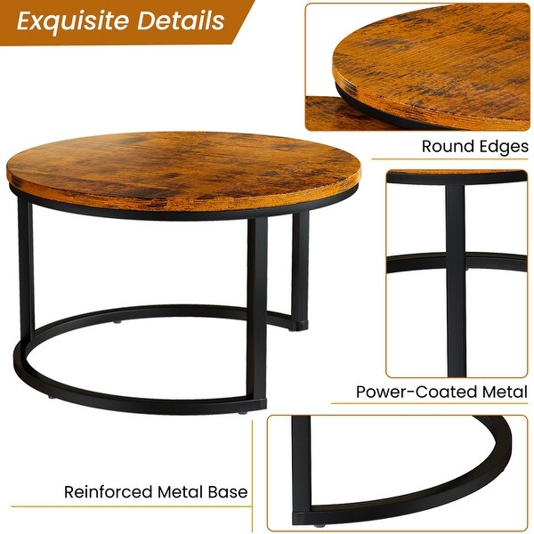 Stylish Round Coffee Table Set Nesting Coffee Tables with Metal Frame and 1 Metal Mesh Shelf (Set of 2)