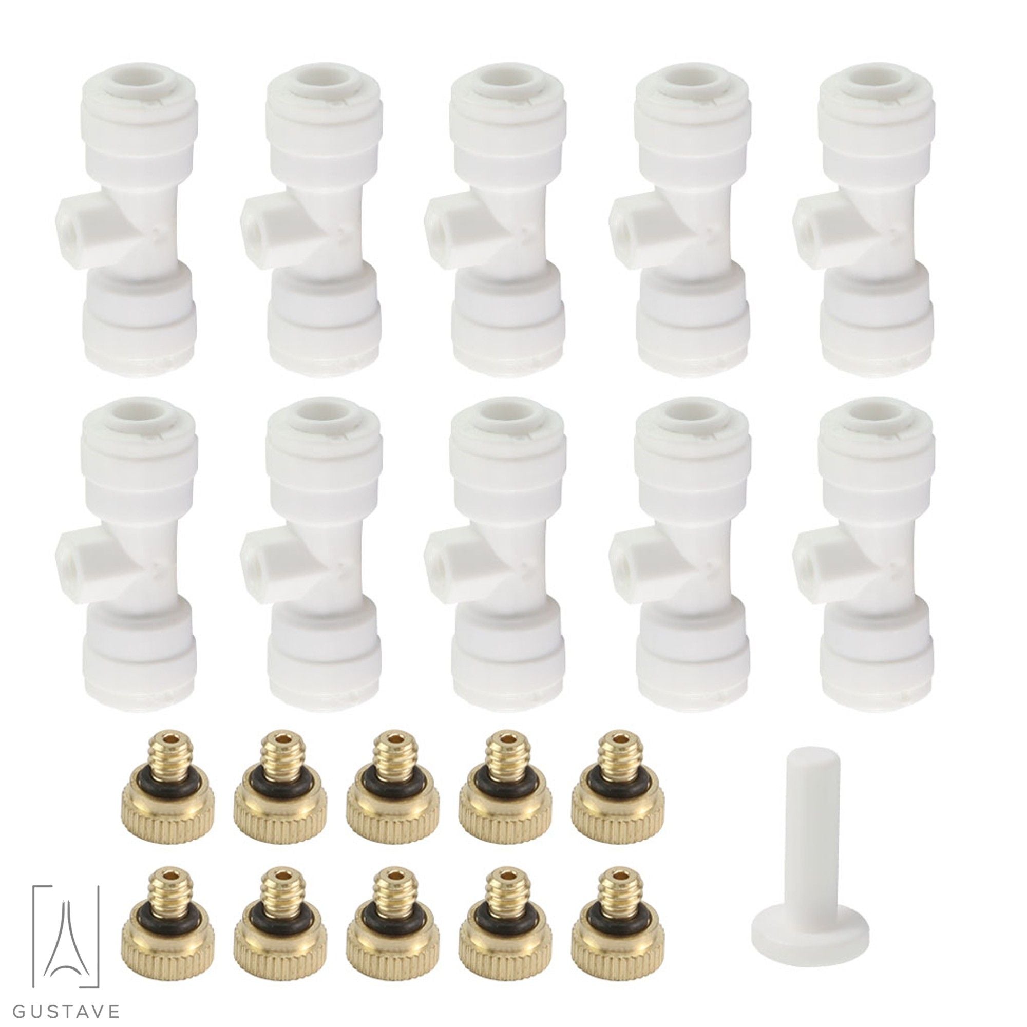 Gustave Misting Nozzles Kit， Outdoor Misting Nozzle Tees 10/24 UNC Tees 10pcs + 0.4mm Orifice Nozzle 10pcs and 1Plug， for Outdoor Cooling System 