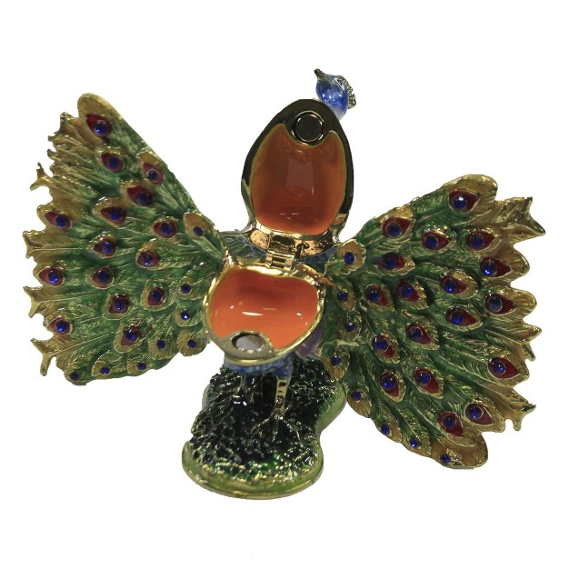 Hinged Trinket Box Peacock One Hinged Box Inches Eye Tail Feathers 3026 Metal Green