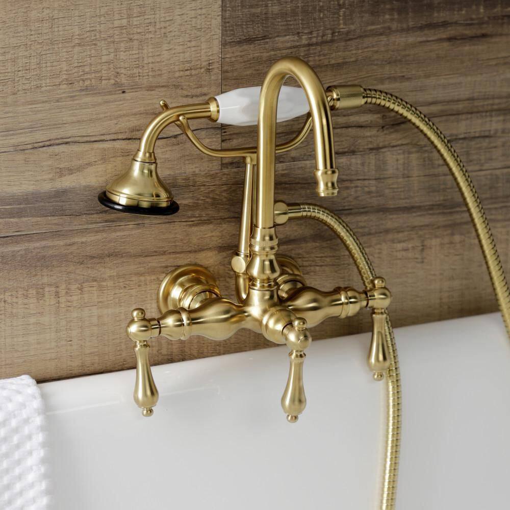 Kingston Brass Aqua Vintage 3-Handle Wall-Mount Clawfoot Tub Faucets with Hand Shower in Brushed Brass HAE7T7