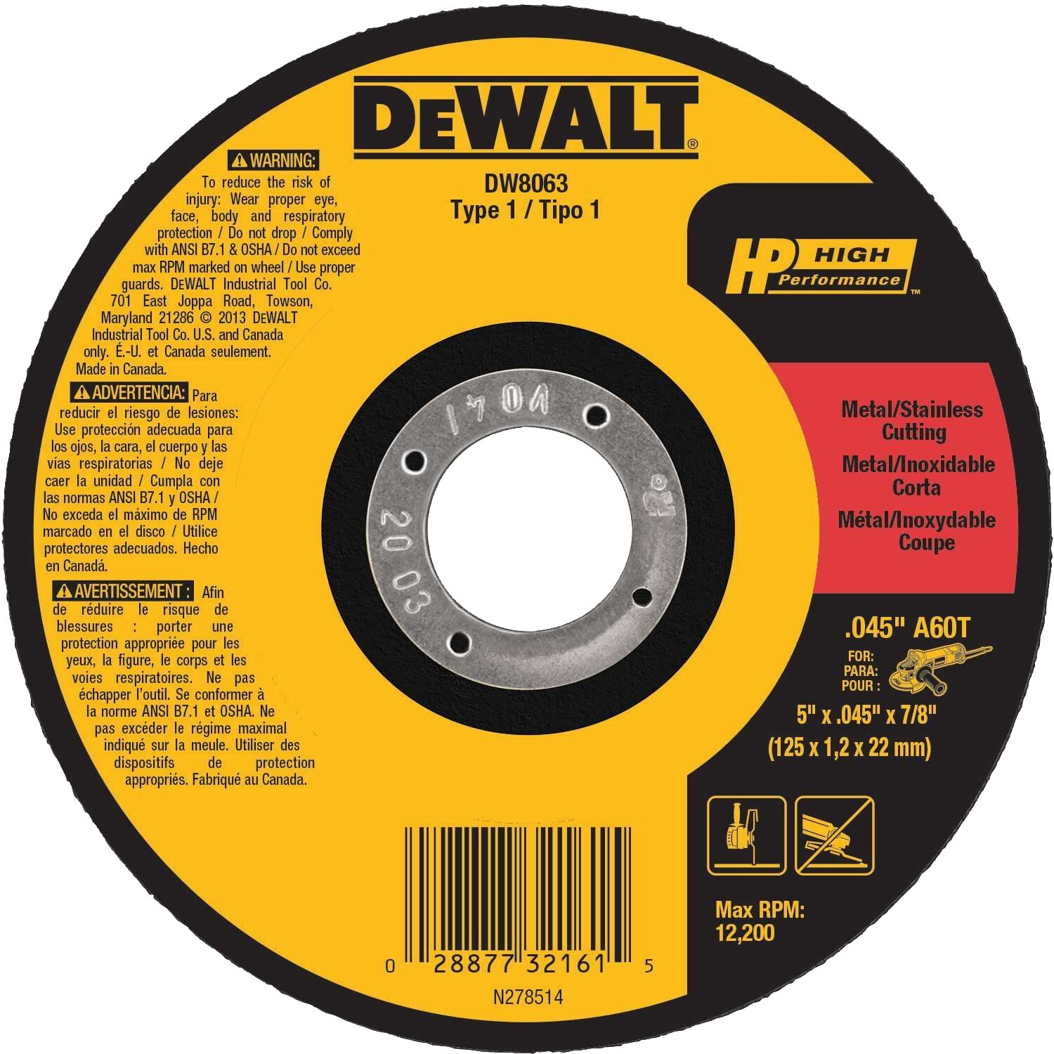 DW High Performance 5 in. D X 7/8 in. Aluminum Oxide Cut-Off Wheel 1 pc