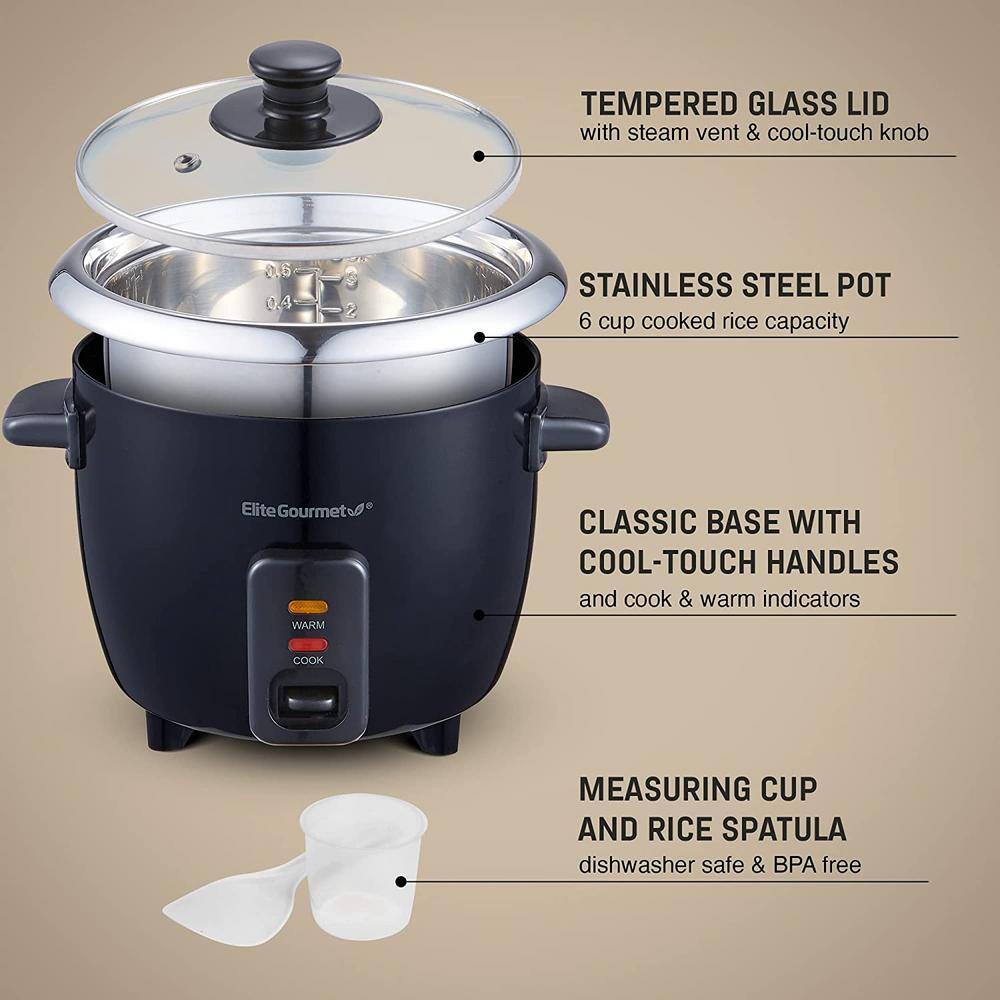 Elite Gourmet 6-cup Rice Cooker with 304 Stainless-Steel Inner Pot ERC006SS