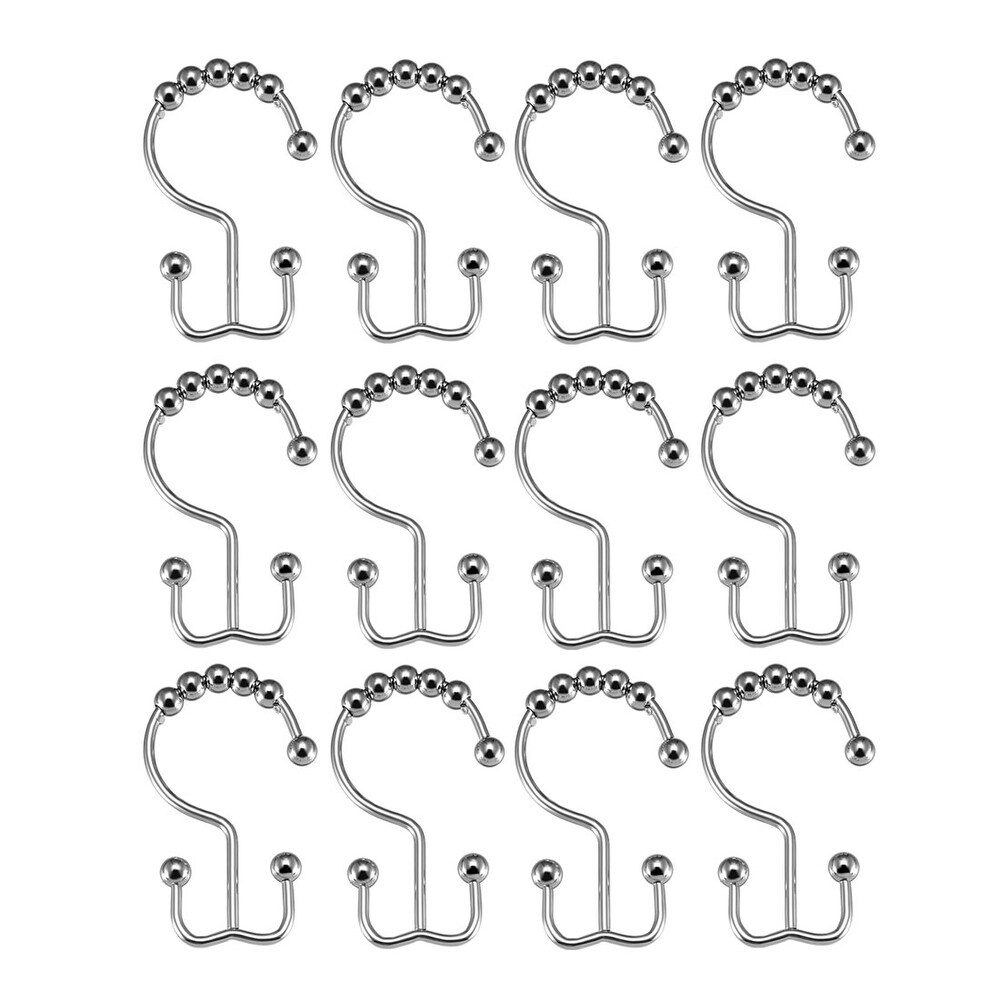 Shower Curtain Ring Hooks Metal Double Roller Glide 12 Pcs   Silver Tone