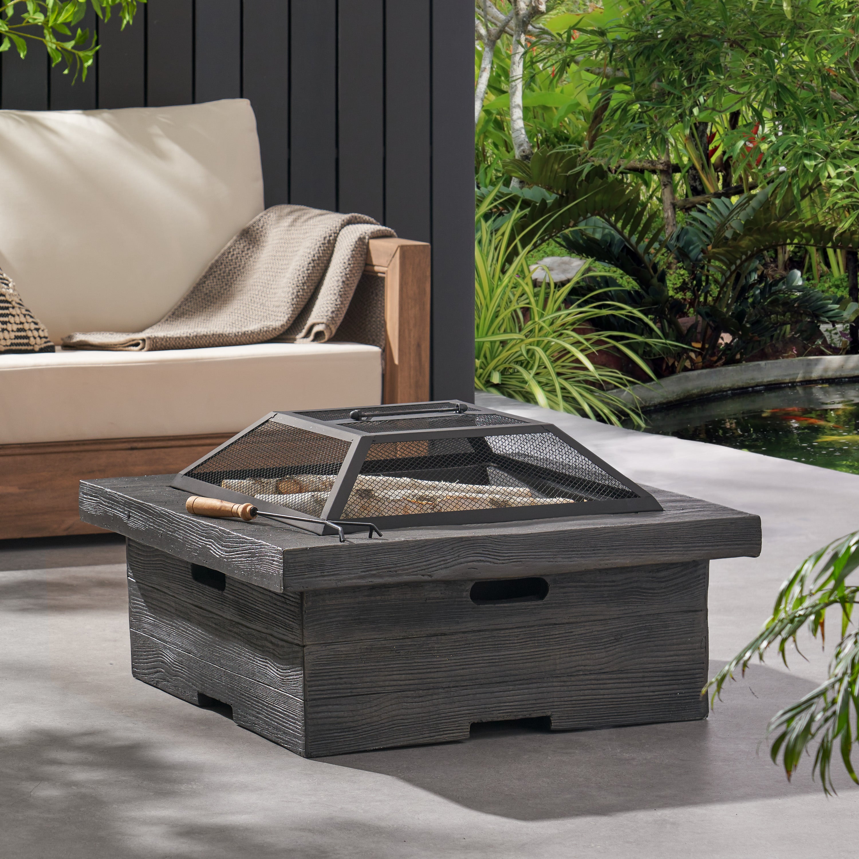 Bunce Outdoor Lightweight Concrete Wood Burning Square Fire Pit, Gray