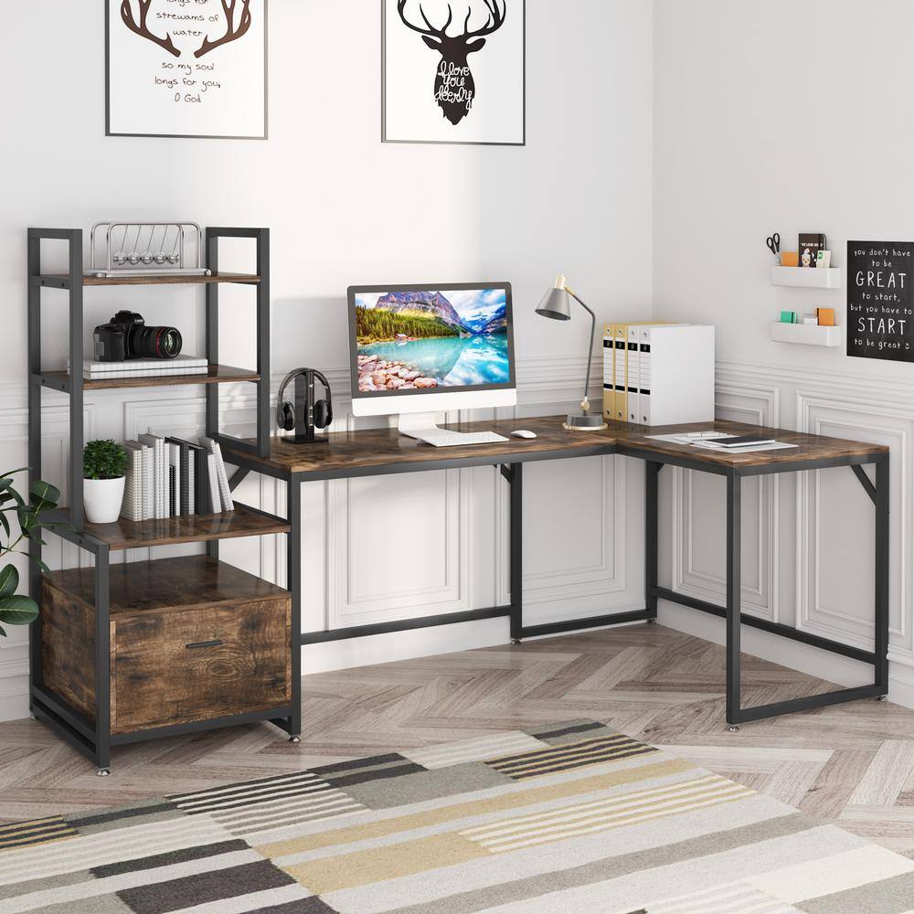 Tribesigns Lantz 85 in. Vintage Brown Wood L-Shaped Computer Desk Corner Desk with 3-Tier Storage Bookshelves and File Cabinet CT-JW0007