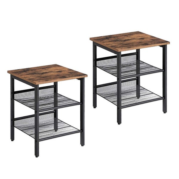 Wooden Side Table with Metal Mesh Shelves， Set of 2， Black and Brown - 19.7 H x 15.7 W x 15.7 L Inches