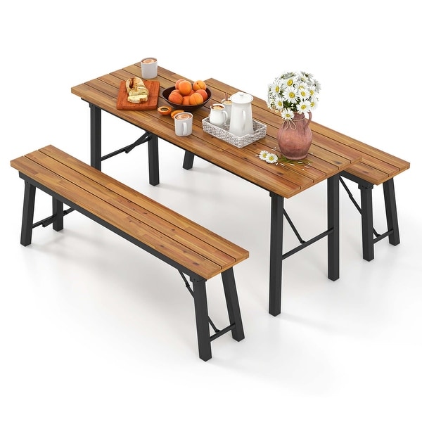 Costway Folding Picnic Table and Bench Set Dining Table with Metal Frame