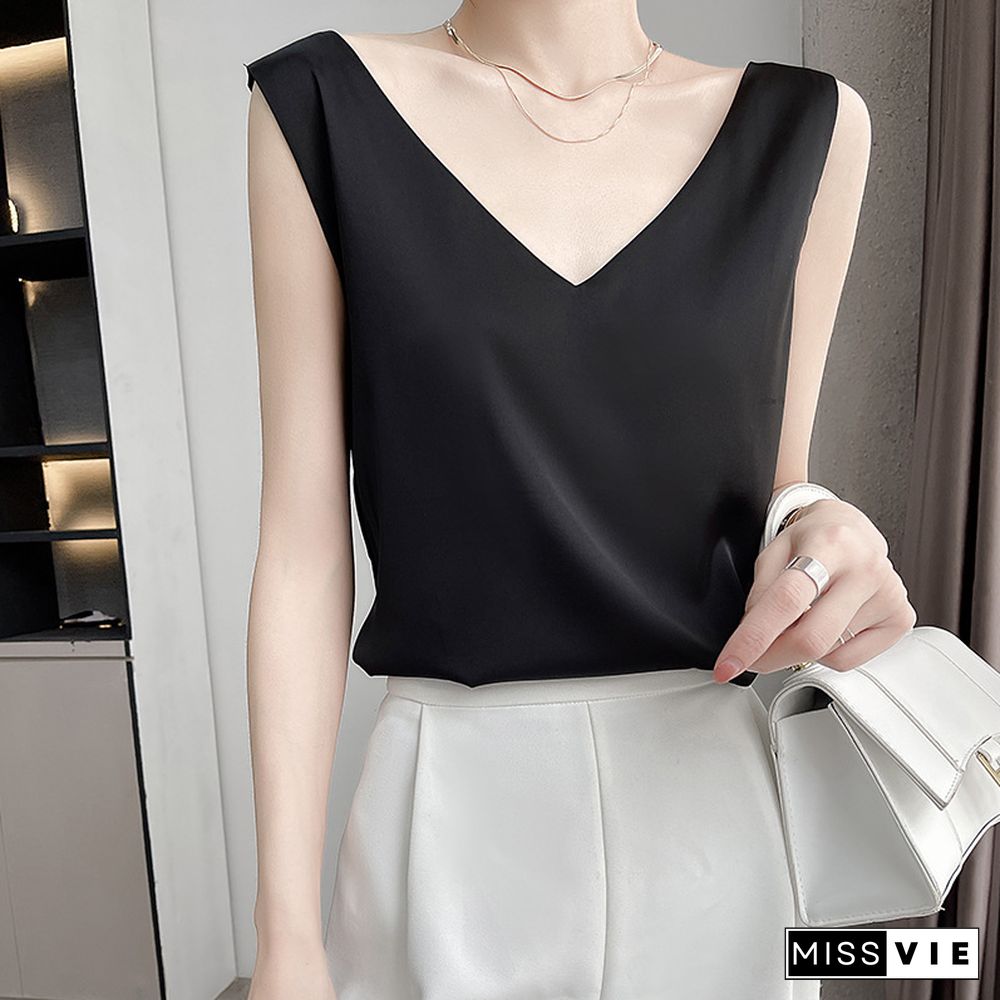 Summer V Neck Suspender Vest Female Ice Satin Silk Camisole Women Outer Wear Sleeveless Top With Small Suit Inner Base Shirt