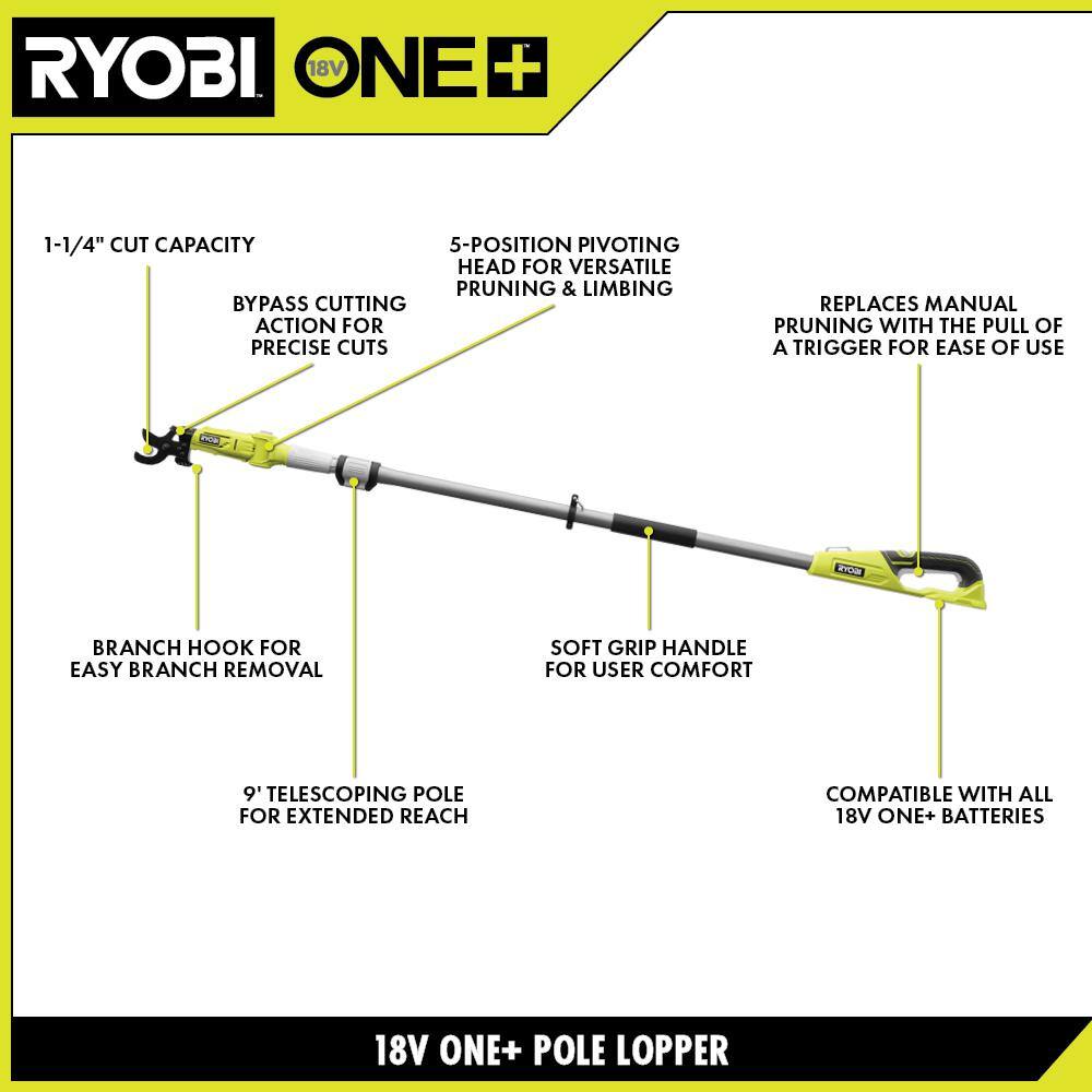 RYOBI ONE+ HP 18V Brushless Cordless Pruner and Cordless Pole Lopper with (2) 2.0 Ah Batteries and (2) Chargers P2550-P2560