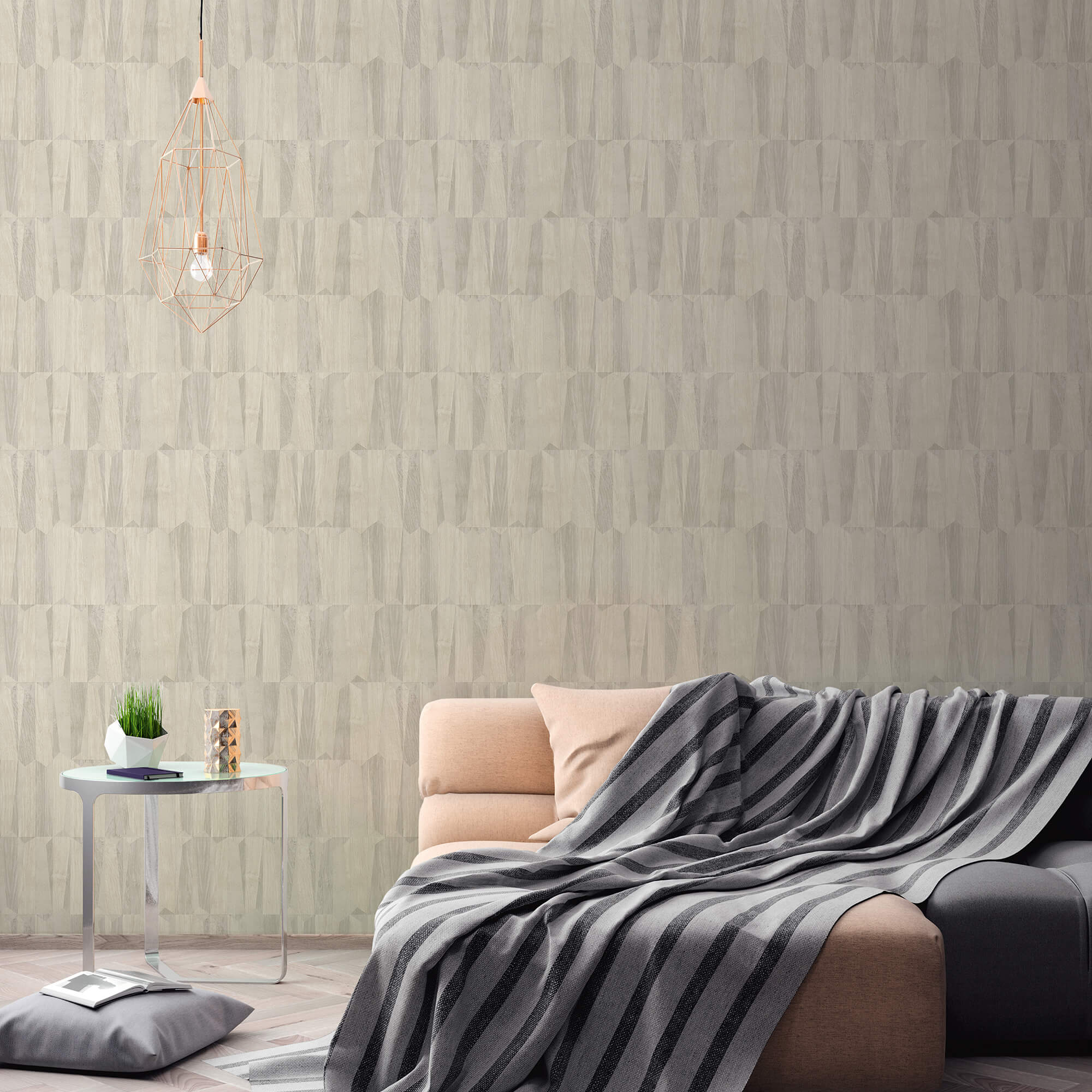 Geo Point Wood Effect Motif Wallpaper in Cream/Grey/White