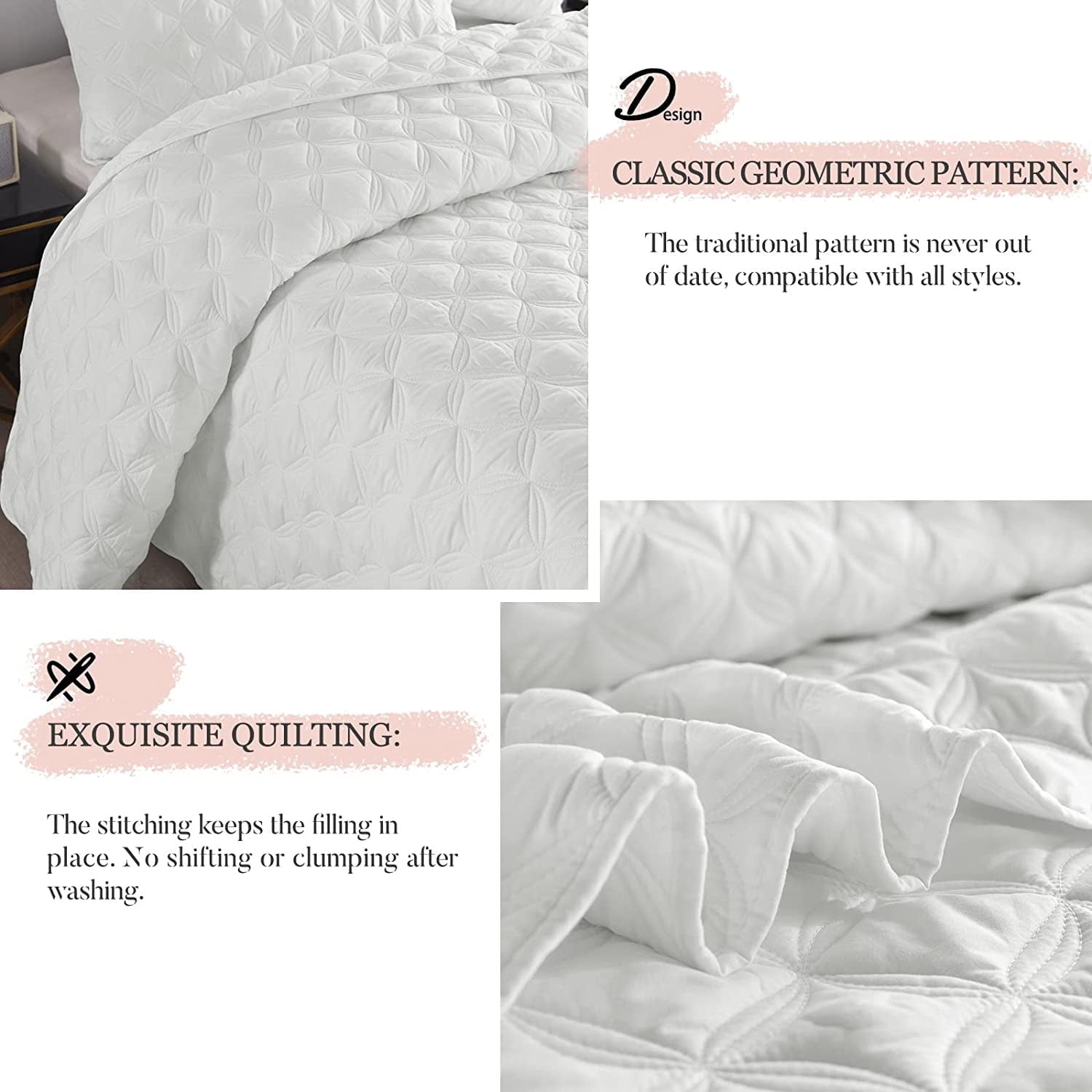 Exclusivo Mezcla Bed Quilt Set King Size for All Season， Stitched Pattern Quilted Bedspread/ Bedding Set/ Coverlet with 2 Pillow shams， Lightweight and Soft， White