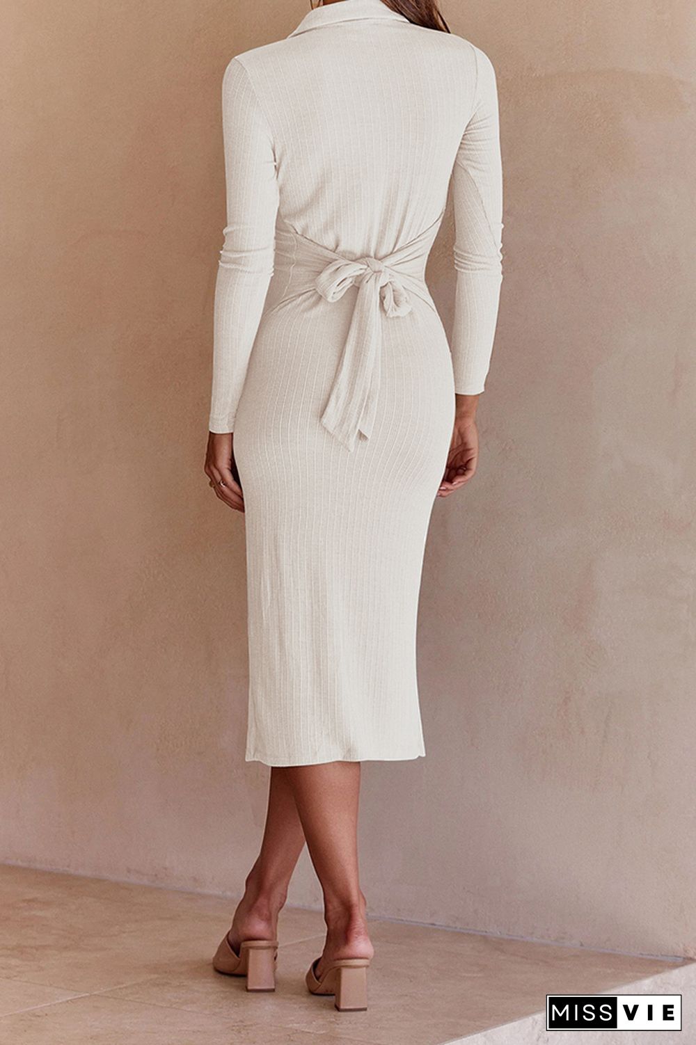 Button Down Split Knit Long Sleeves Midi Dress