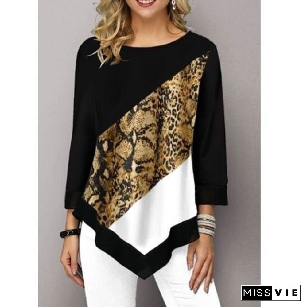 Summer New Fashion Women's Printed Stitching Long Sleeve T Shirt Ladies Casual Plus Size Tops S-5XL