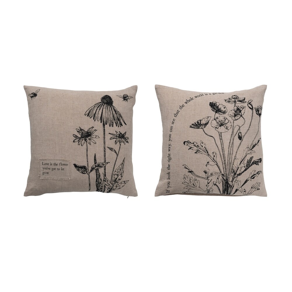 Printed Linen Blend Pillow with Patches and Flower Prints