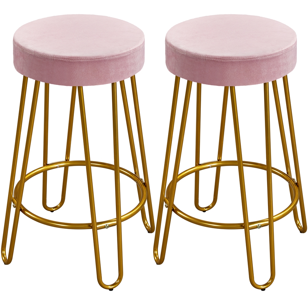 SmileMart 26.5 Upholstered Velvet Bar Stools for Kitchen， 2pcs， Pink with Gold