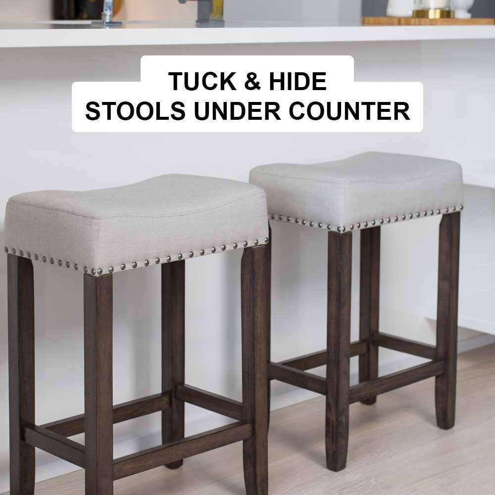 Nathan James Hylie 24 in. Gray Fabric Cushion Dark Brown Finish Nailhead Wood Pub-Height Counter Bar Stool 21302