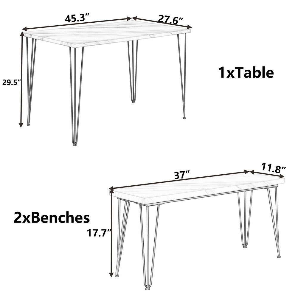 3 Piece Breakfast Nook Dining Table Sets with Marble Benches  Gold