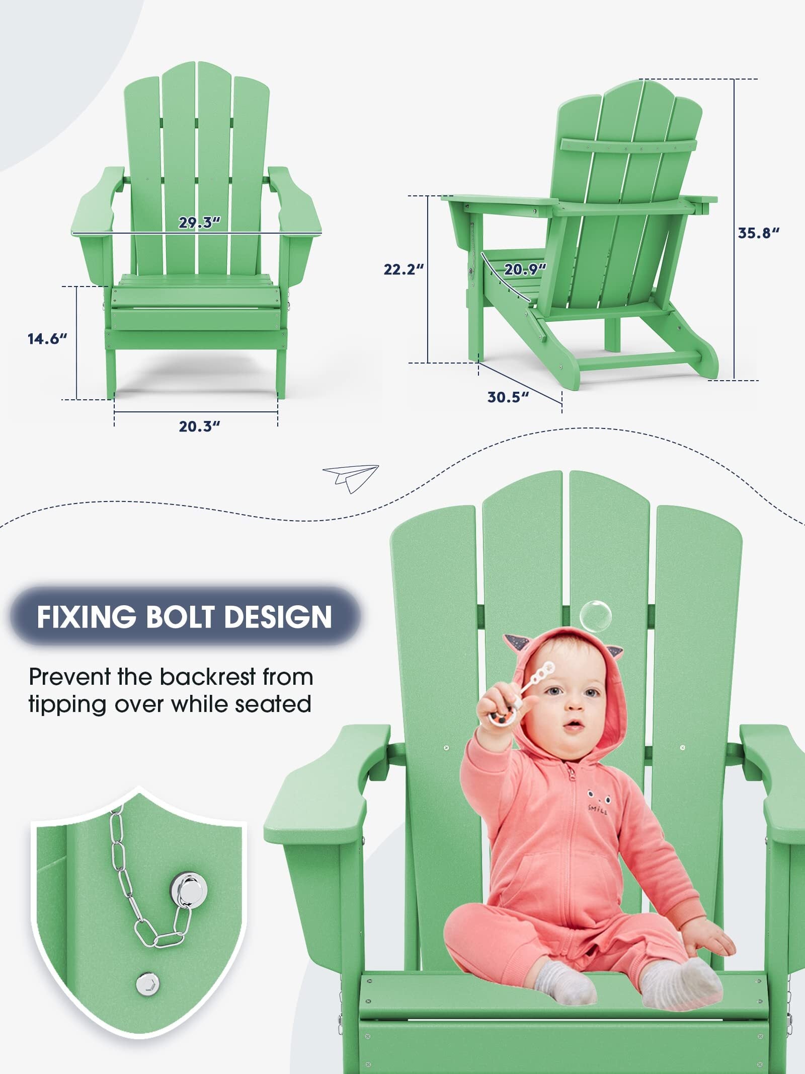 Outdoor Patio Folding Plastic Adirondack Chair for Garden, Light Green