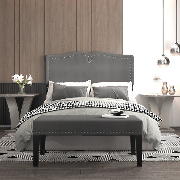 Modern Velvet Double/Queen Adjustable Height Headboard with Bench - - 36002888