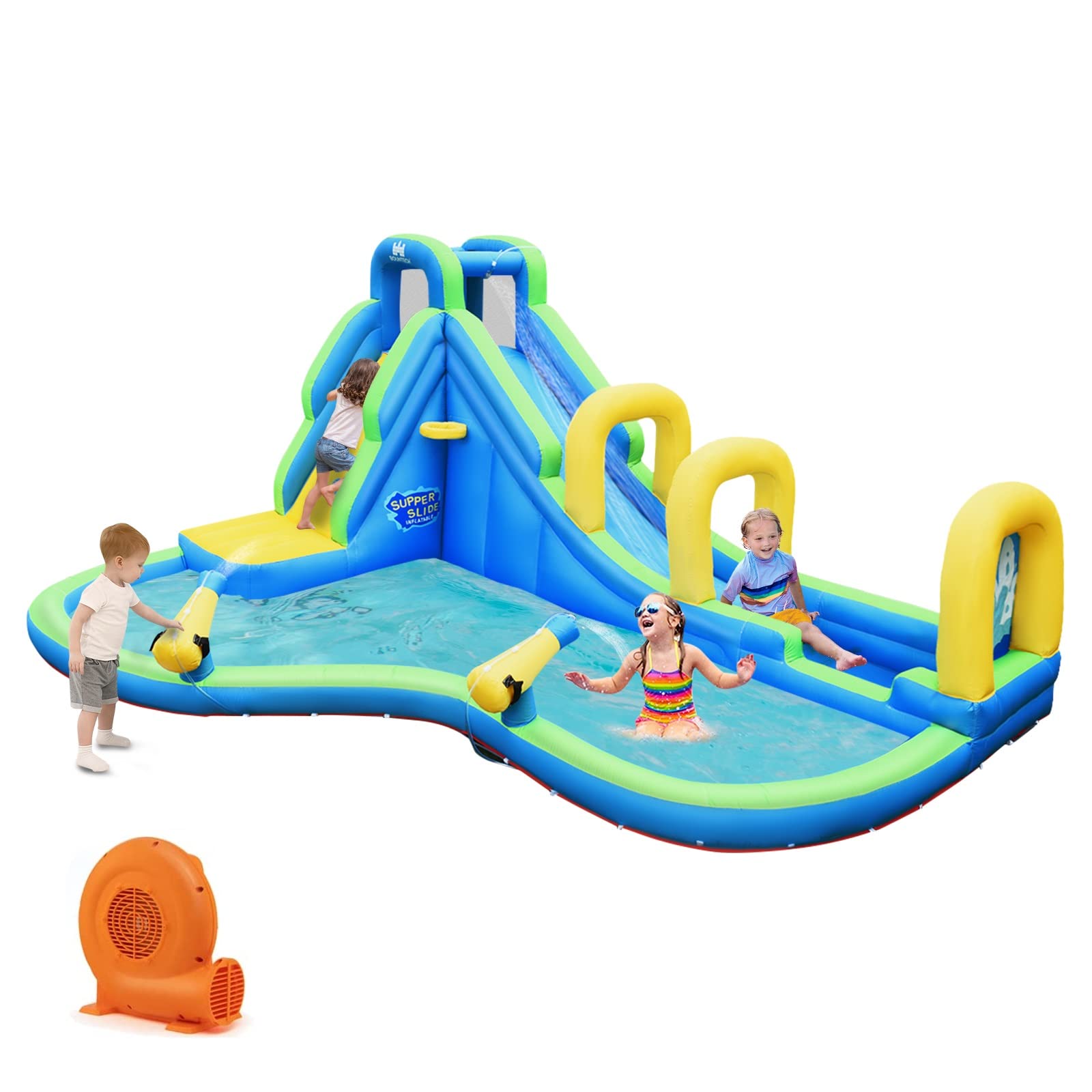 BOUNTECH Long Slide Bouncer Park w/Climbing Wall & Splashing Pool