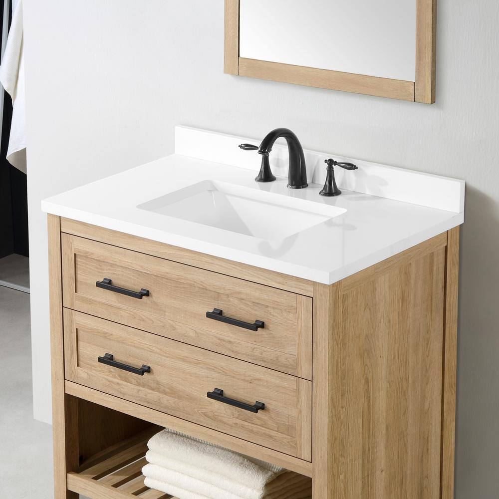 Home Decorators Collection Autumn 36 in. W x 19 in. D x 34.50 in. H Freestanding Bath Vanity in Weathered Tan with White Engineered Stone Top Autumn 36WT