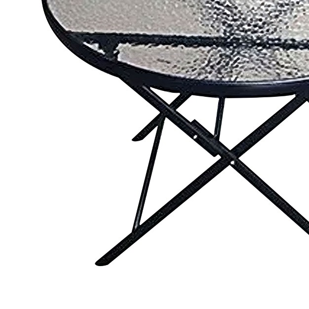 Round Marbella Folding Steel Dining Table Outdoor Backyard Patio Furniture With Glass Tabletop And Umbrella Hole Black