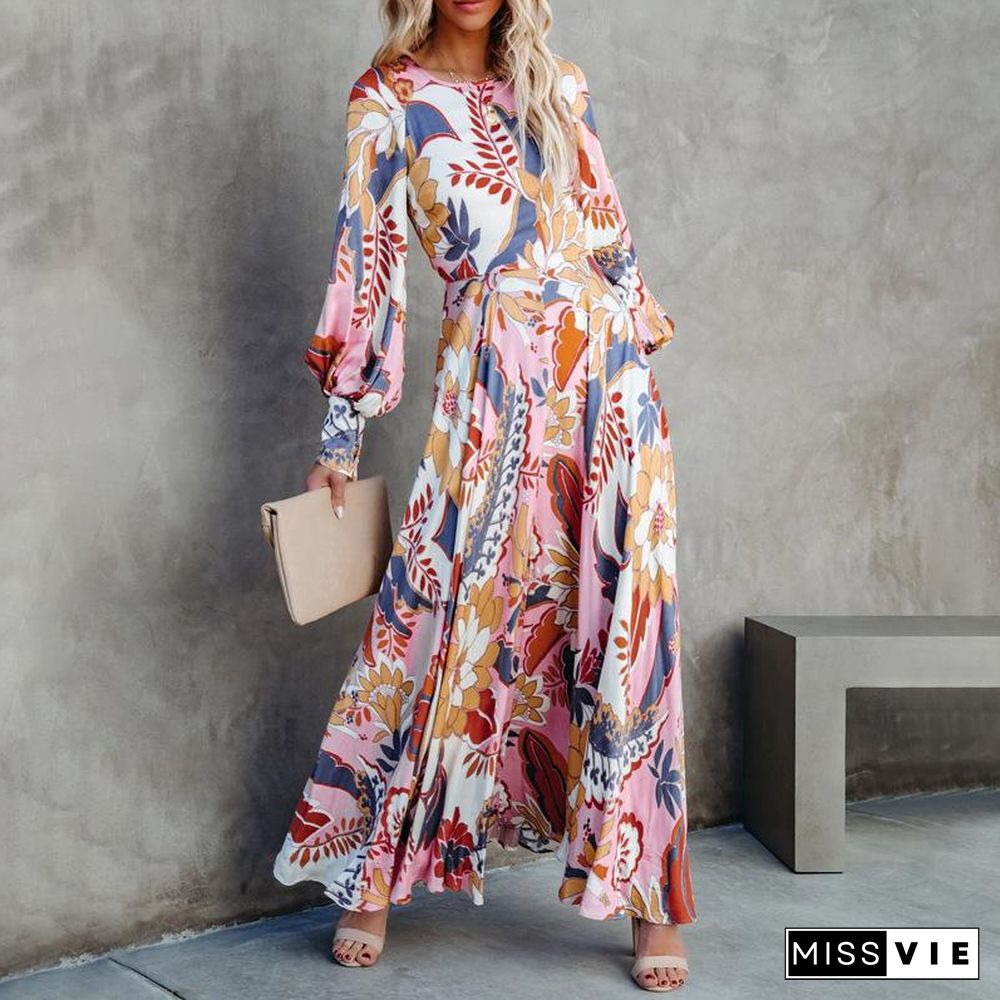 Trendy Fllower Graphic Lantern Sleeve Maxi Dress