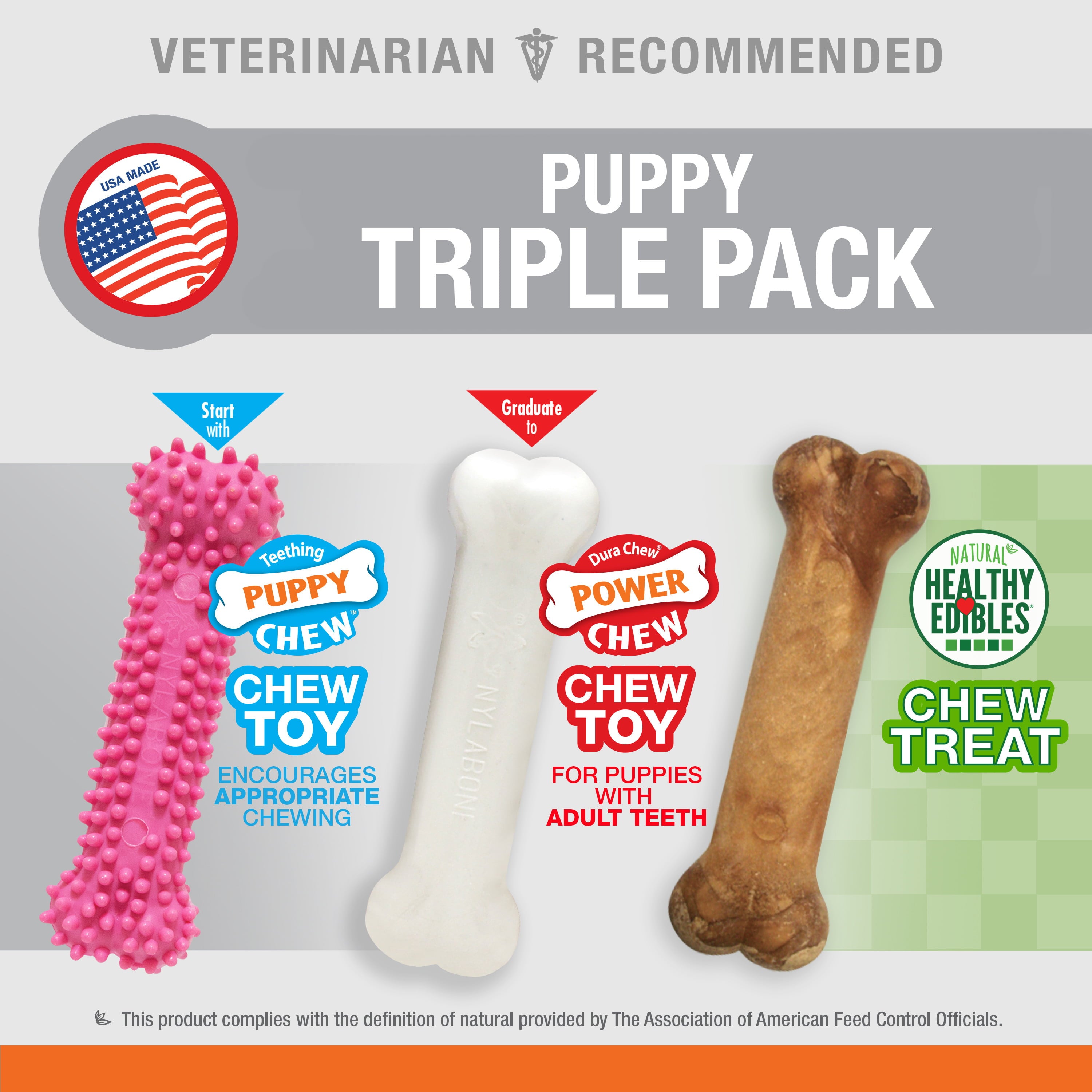 Nylabone Puppy Chew Variety Toy and Treat Triple Pack Pink Small/Regular (3 Count)