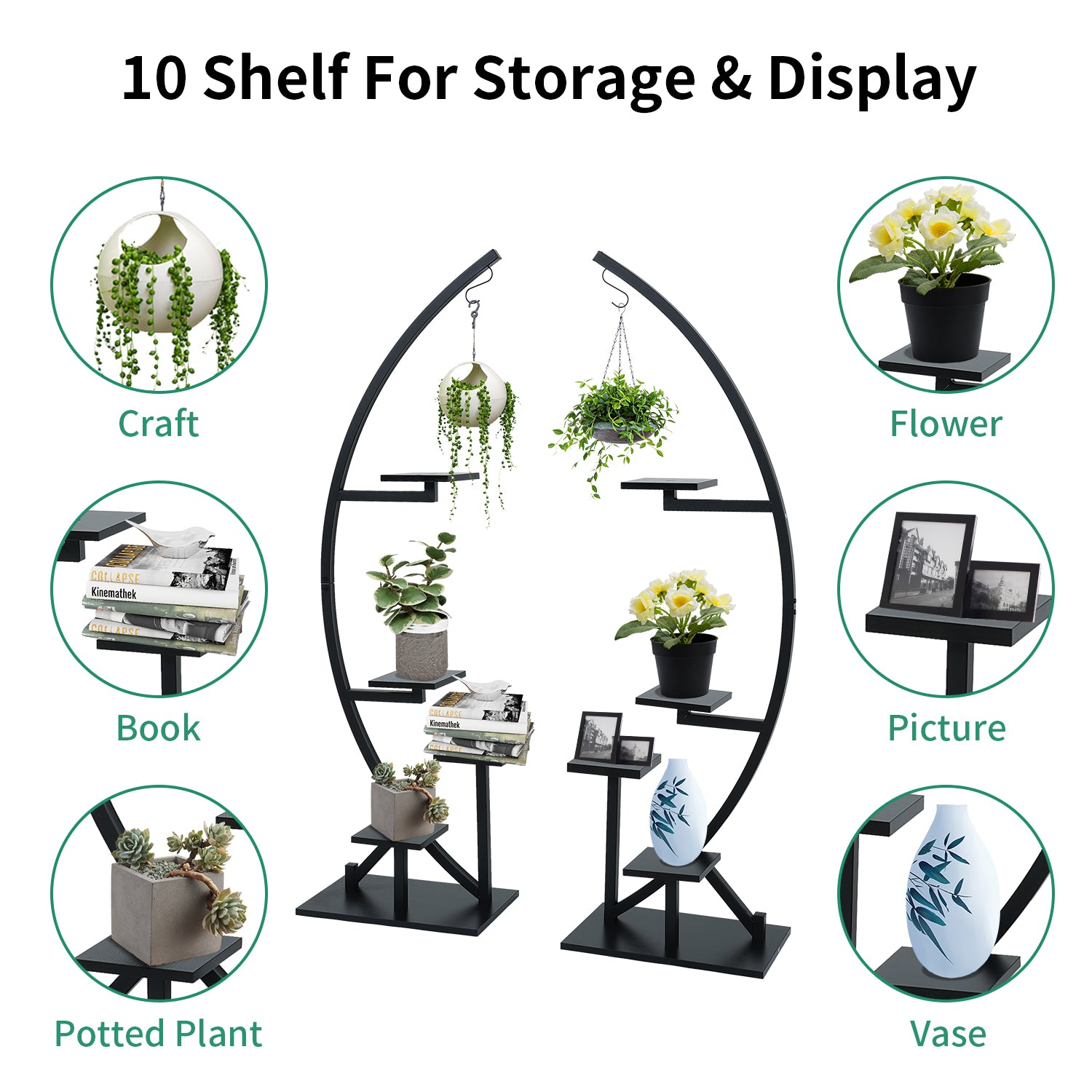 ELECWISH Plant Stand Indoor Plant Shelf Stand Half Moon Plant Stands Multi-Purpose Curved Metal Display Rack for Living Room, Garden, Patio(Black 2 Pack)